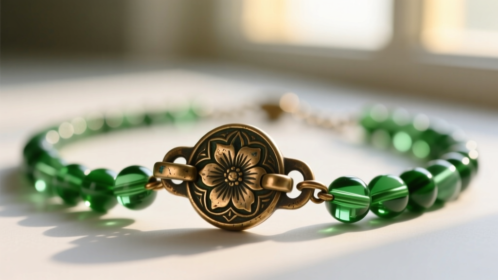 Macro shot of a vintage push-in barrel clasp on a green glass bead necklace, showing floral engravings on tarnished brass.