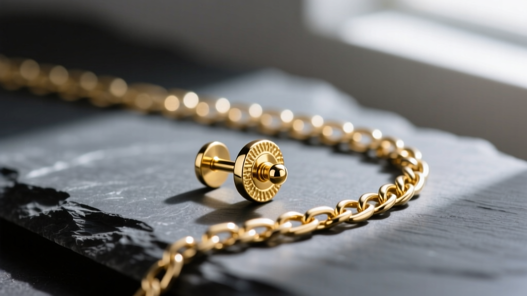 Macro photography of a 14k solid gold nose stud and a PVD gold-plated stainless steel chain resting on a dark slate surface