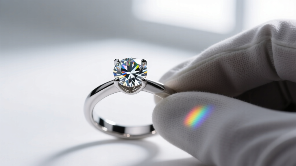 Macro shot of a platinum prong setting holding a lab-grown diamond, with a jeweler's loupe in the softly blurred background.