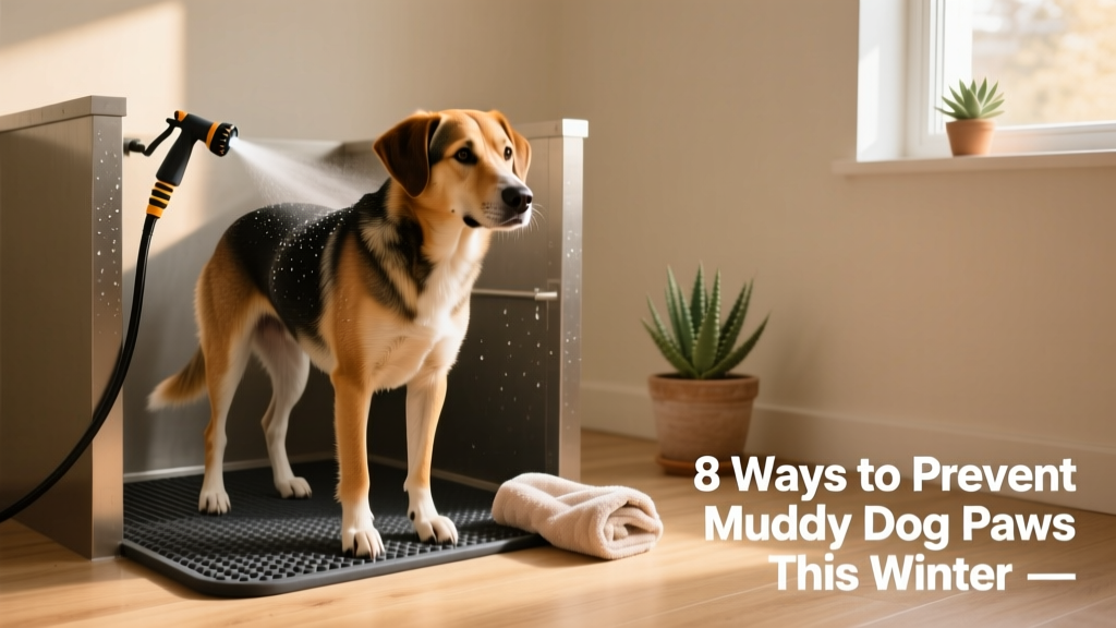 Dog standing calmly in a small indoor washing station with a handheld sprayer and towel nearby