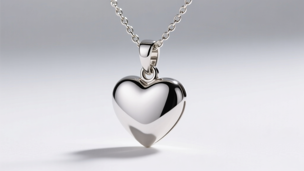 Close-up of a silver heart pendant bail on a 1.2mm box chain, showing proper clearance and precise metal alignment in sharp focus
