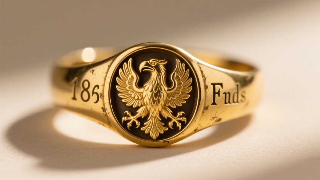 Extreme macro photography of a vintage 18k yellow gold French eagle head hallmark stamped inside a Victorian era ring band