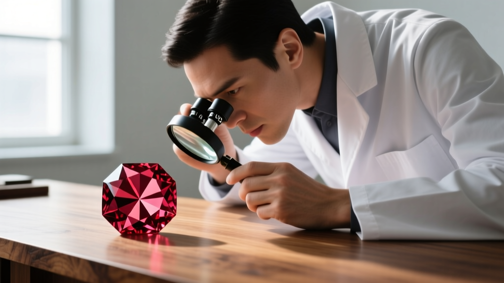 Jeweler using a 10x loupe to inspect a star ruby for natural rutile silk, with a synthetic ruby placed nearby on a wooden desk.