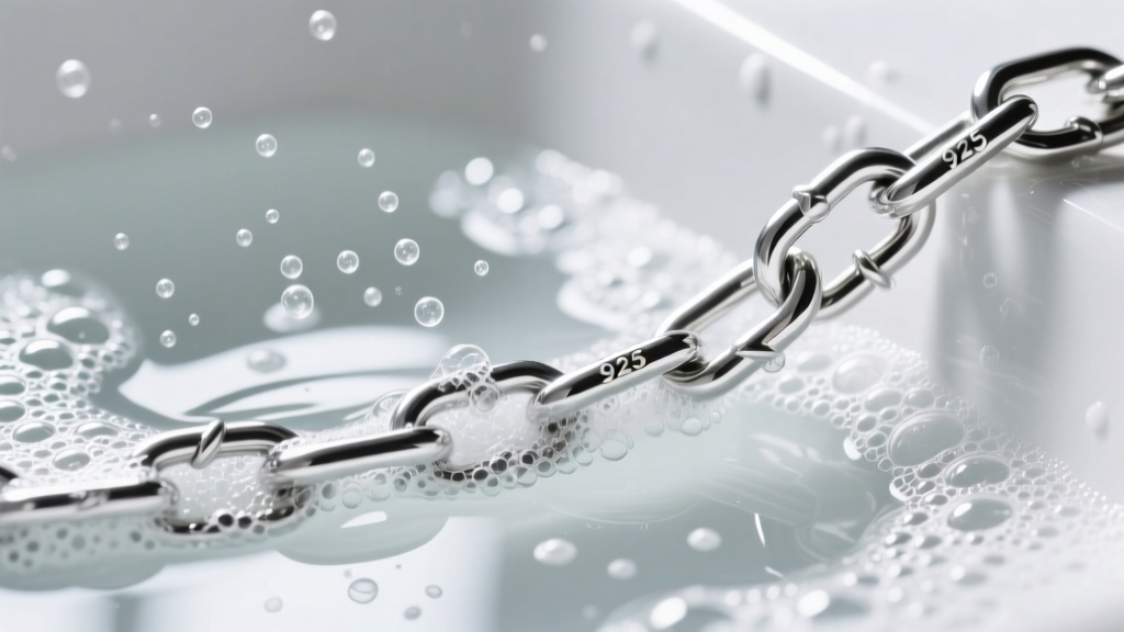 925 sterling silver chain partially submerged in a foil and baking soda cleaning bath, showing active chemical bubbling reaction