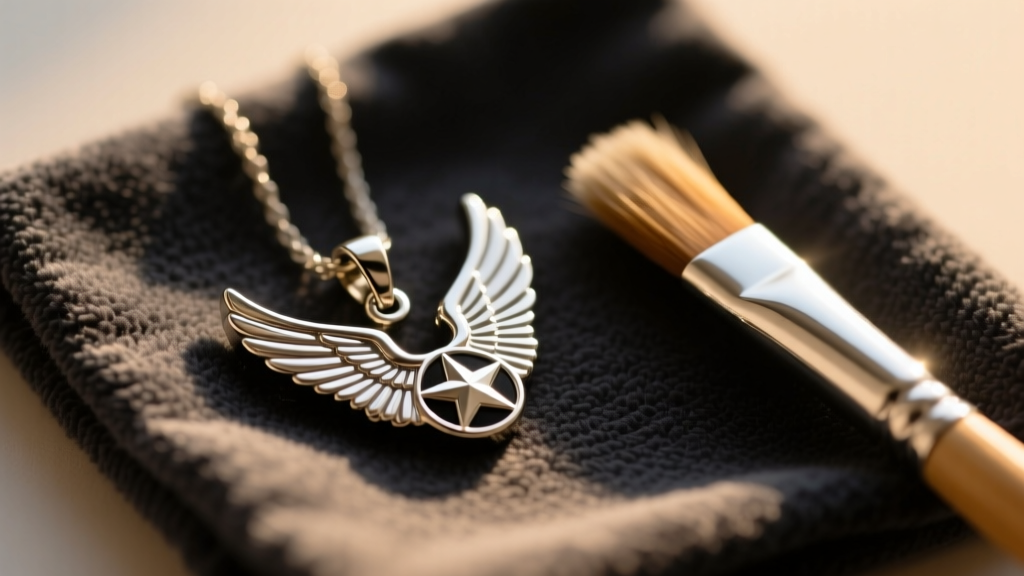 Polished stainless steel Air Force wings pendant on a dark microfiber cloth next to a soft-bristled brush in warm light.