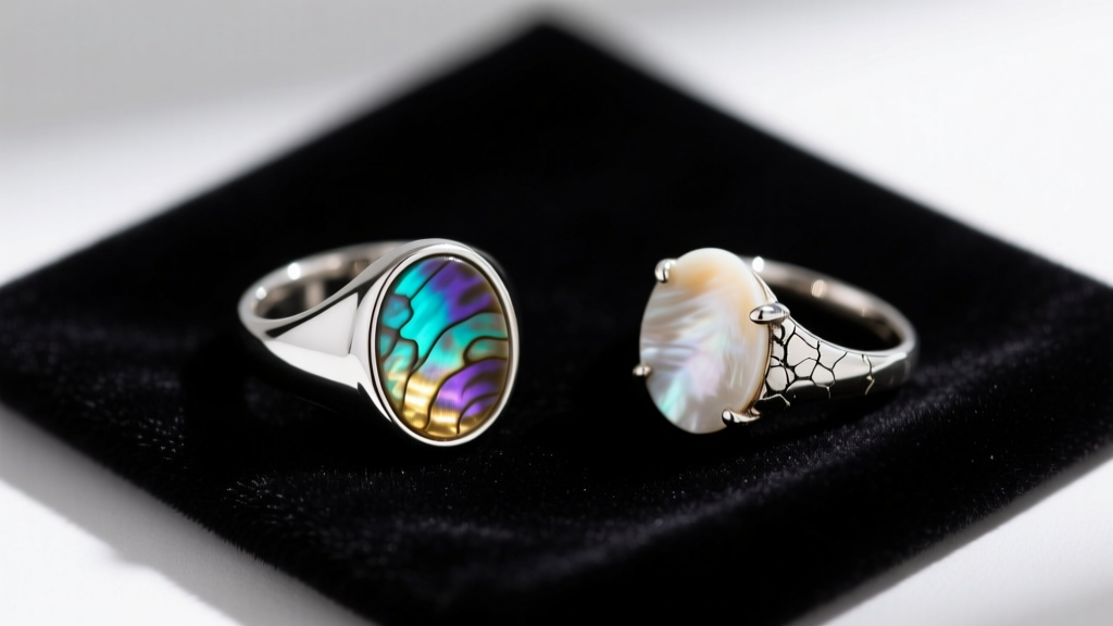 Top-down view of a silver abalone ring in a bezel setting beside a chipped prong-set shell on dark velvet fabric.