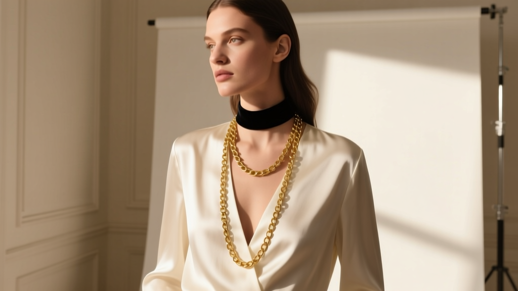 Model in a deep V-neck silk blouse layered with a 16-inch choker and a 22-inch matinee gold chain, warm natural window light.