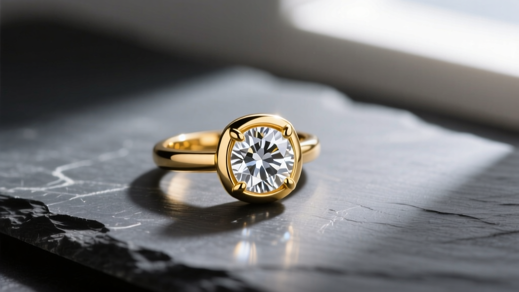 A one-carat lab-grown diamond pendant in recycled yellow gold bezel on dark slate, soft lighting highlighting the brilliant facets