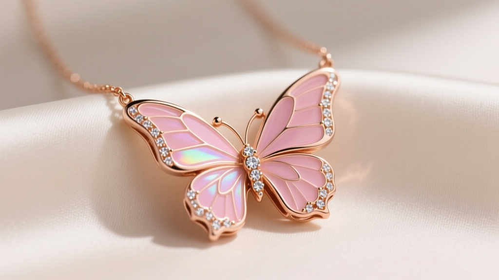 Close-up of a 14k rose gold pink butterfly necklace on silk, highlighting translucent pink enamel wings and small diamond accents.