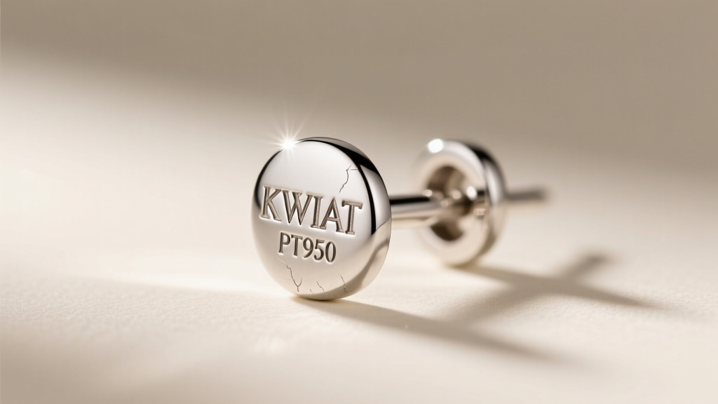 Macro photo of a platinum earring post showing the engraved KWIAT hallmark and PT950 stamp, lit by a jeweler's loupe light.