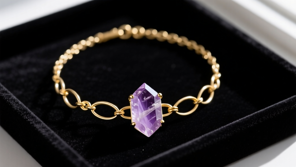 Overhead view of a 14k gold-filled wire choker necklace with a raw amethyst crystal resting on a dark velvet jewelry tray
