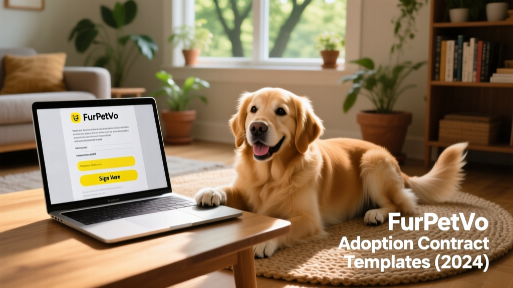 Laptop screen showing a completed FurPetVo adoption contract PDF with highlighted 'Sign Here' sections and a happy dog resting beside it