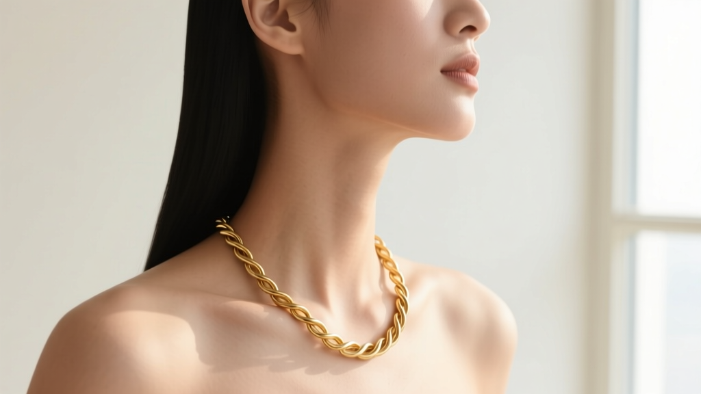 Side profile of a model wearing a long hollow gold rope chain, showing the relaxed drape and zero skin tension on the bare neck.