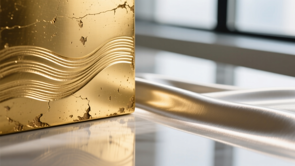 Macro shot of a worn Rigato engraved gold surface showing flattened ridges next to pristine, sharp silk-like texture lines.