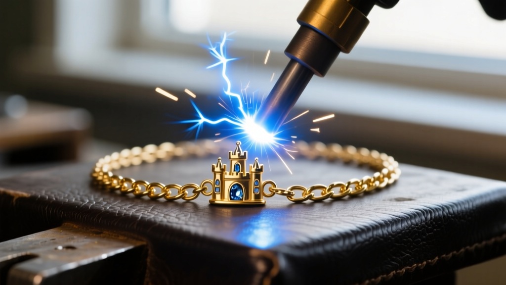 Close-up of a pulse arc welder sparking on a delicate 14k gold chain with a small castle charm on a dark leather jeweler's bench.