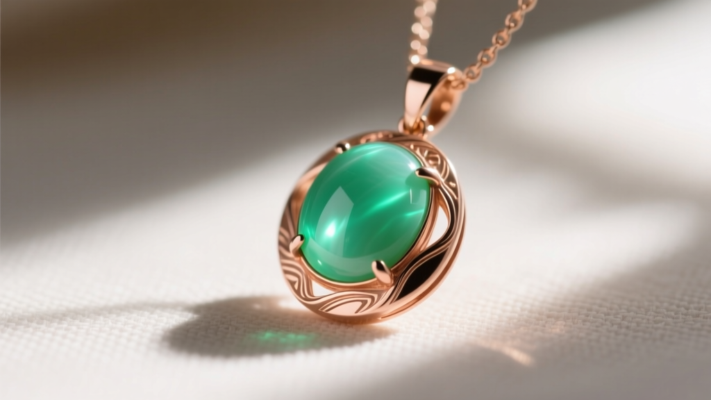 Close-up of a 14k rose gold pendant necklace featuring a smooth cabochon-cut chrysoprase gemstone catching natural sunlight.