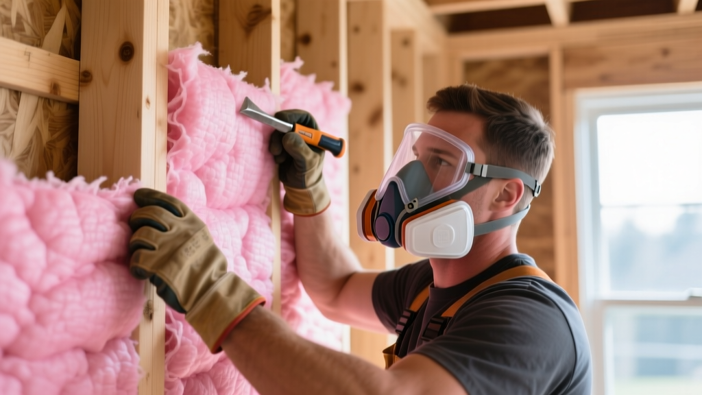 Close-up of a contractor wearing heavy gloves and a respirator carefully fitting pink fiberglass insulation batts between wooden wall studs in a framed house