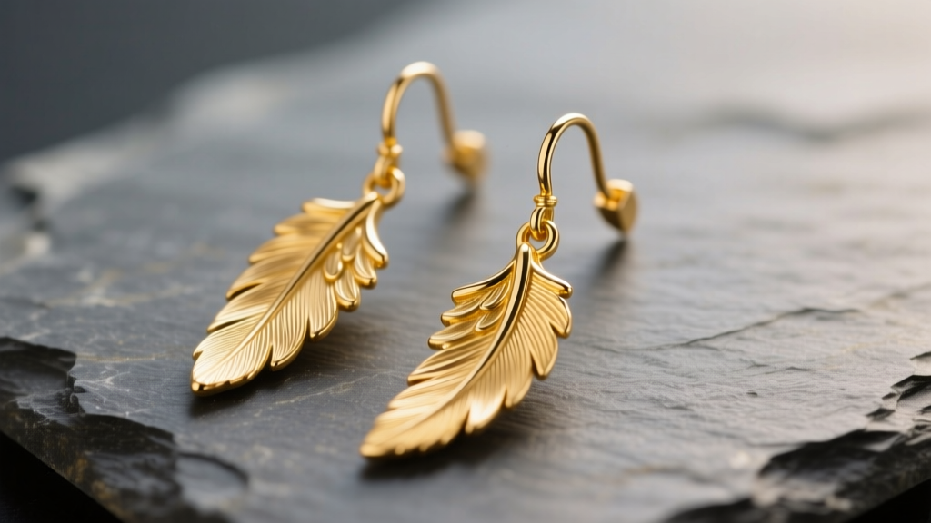 Macro shot of 14k yellow gold angel wing drop earrings on slate, highlighting sharp feather detailing and polished metal edges.