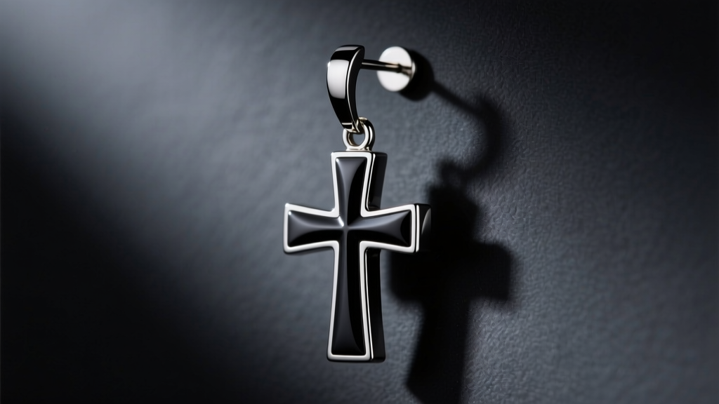 Side profile of a black PVD-coated titanium cross pendant earring hanging from a lower lobe piercing against a dark background