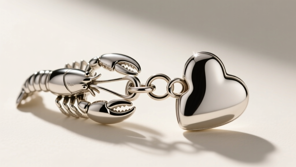 Close-up of a silver lobster clasp and jump ring connecting to a heart pendant bail, revealing precise jewelry metalwork details