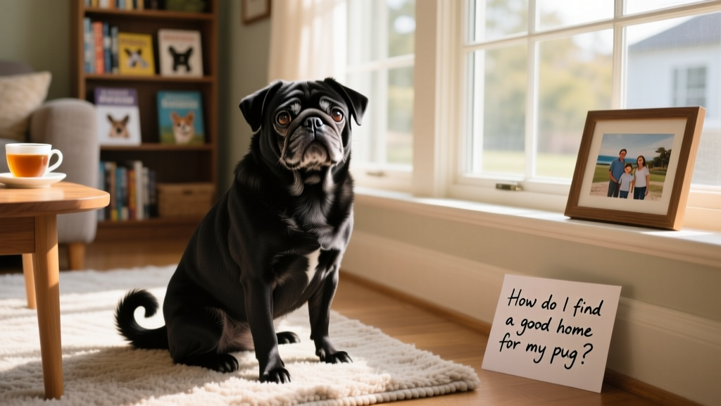 A gentle, well-groomed Pug sitting calmly beside a cozy living room window with natural light