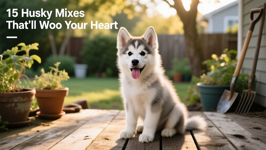 A curious Pomsky puppy sitting on a wooden deck, tongue out and ears perked