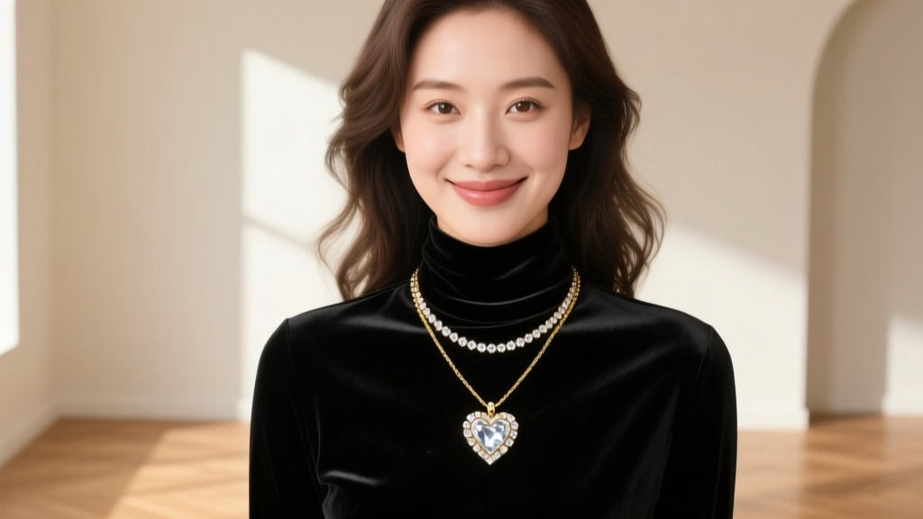 A young woman wearing a delicate gold vermeil rhinestone heart necklace layered over a black velvet turtleneck, smiling softly.