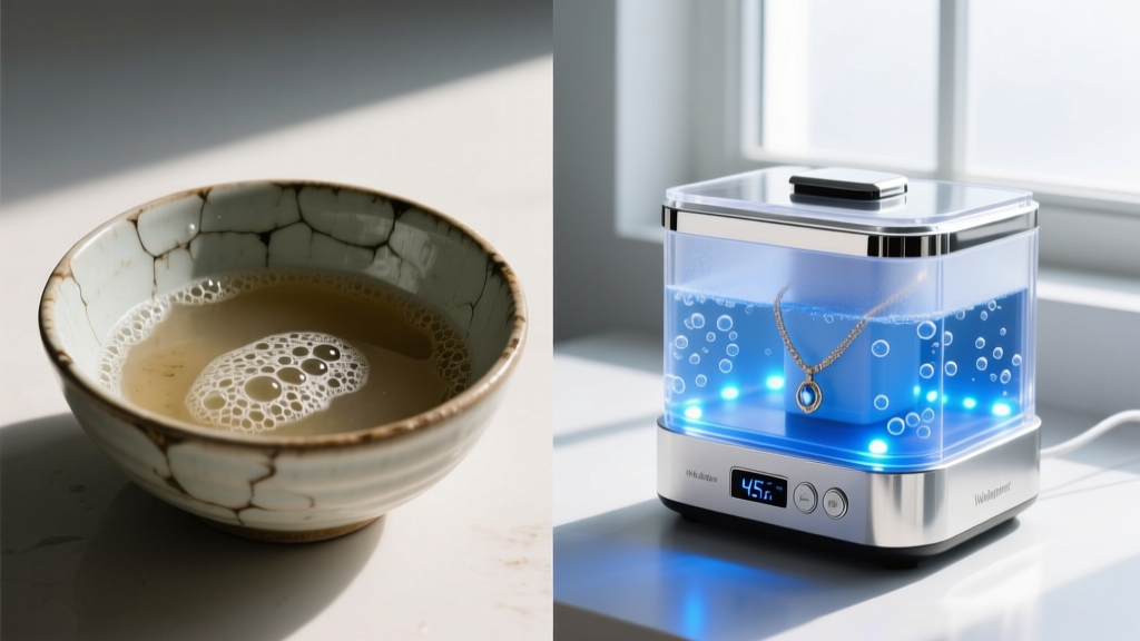 Split-screen showing a cheap bowl of soapy water next to a premium 45kHz ultrasonic jewelry cleaner with glowing blue LED lights