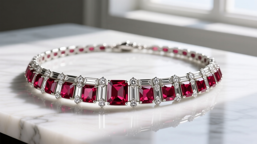 Art Deco ruby necklace vintage piece with calibré rubies and baguette diamonds in platinum, resting on a white marble surface.