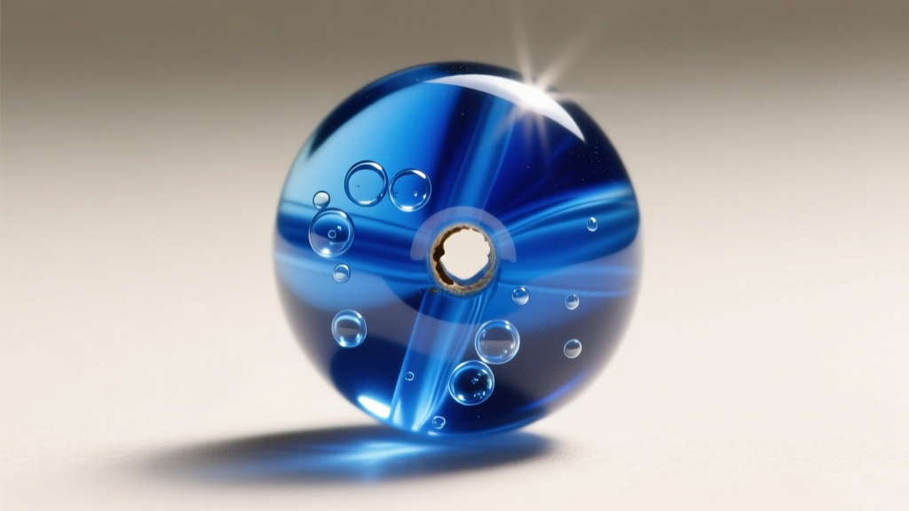 Macro shot of a vintage blue Murano glass bead revealing a small pontil mark and internal air bubbles under bright natural light.