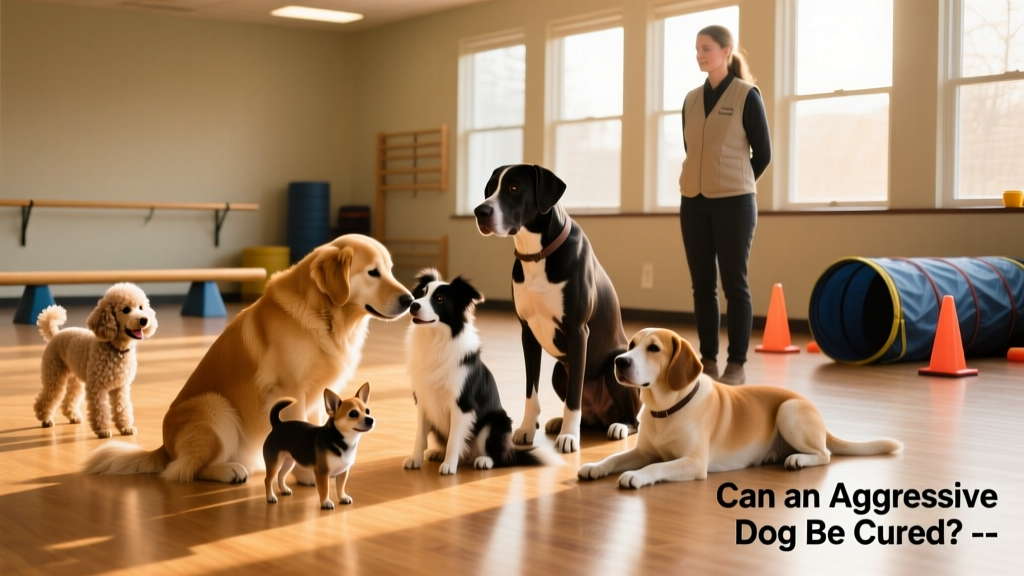 A diverse group of dogs of different breeds and sizes interacting peacefully in a supervised training class