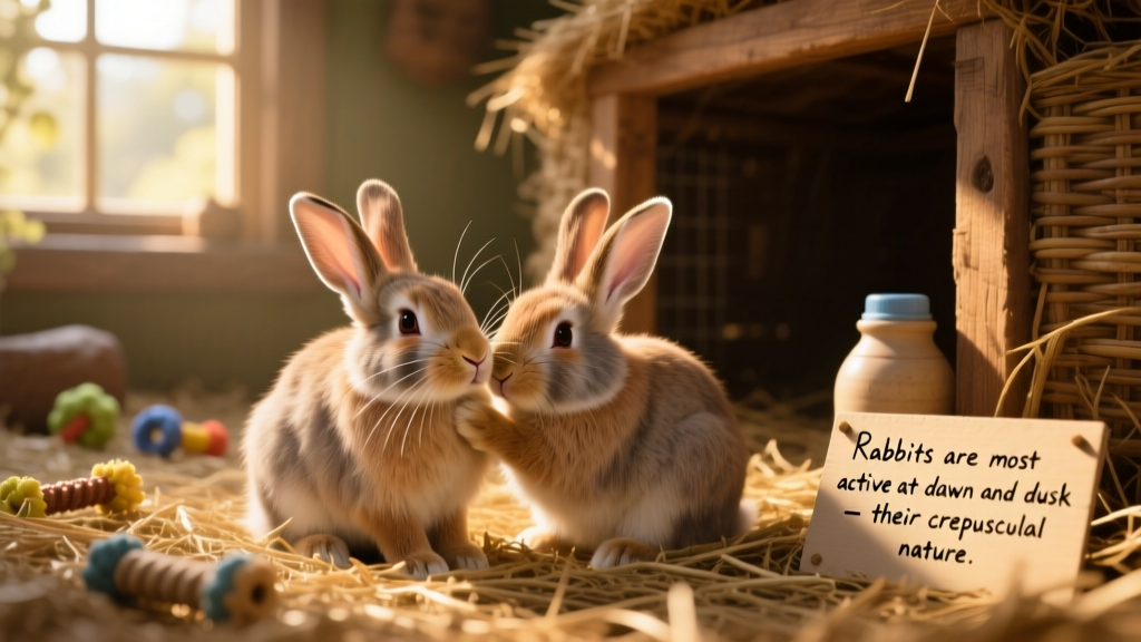 Two bonded pet rabbits grooming each other in a cozy, hay-lined enclosure during golden hour light