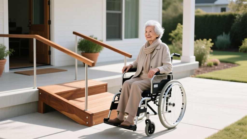 Elderly woman in a wheelchair smoothly transitioning from a wooden modular ramp with aluminum handrails to a concrete porch landing