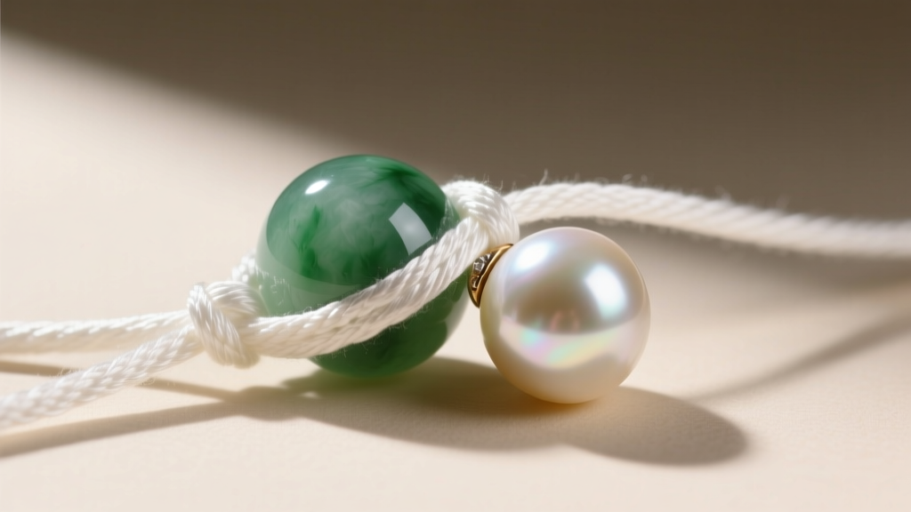 Close-up of hand-knotted white silk thread securing a round jade bead and a pearl, highlighting precise jewelry craftsmanship.