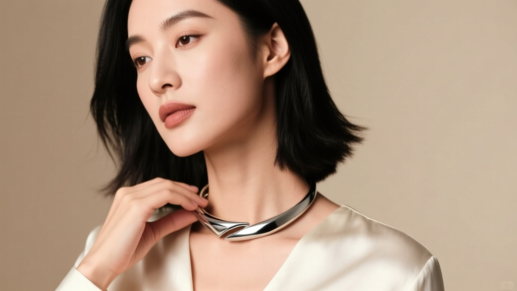 Woman putting on a rigid silver torque necklace, demonstrating the twist-and-slide method against a warm neutral studio background