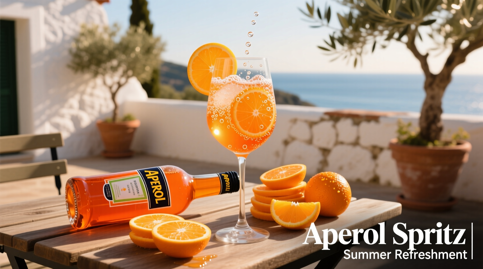 Aperol bottle with orange slices and spritz cocktail