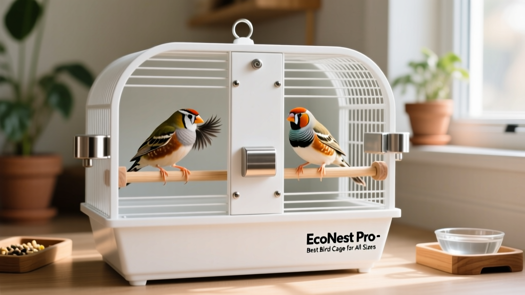 A white double-compartment breeder cage with removable divider, showing two zebra finches in adjacent chambers