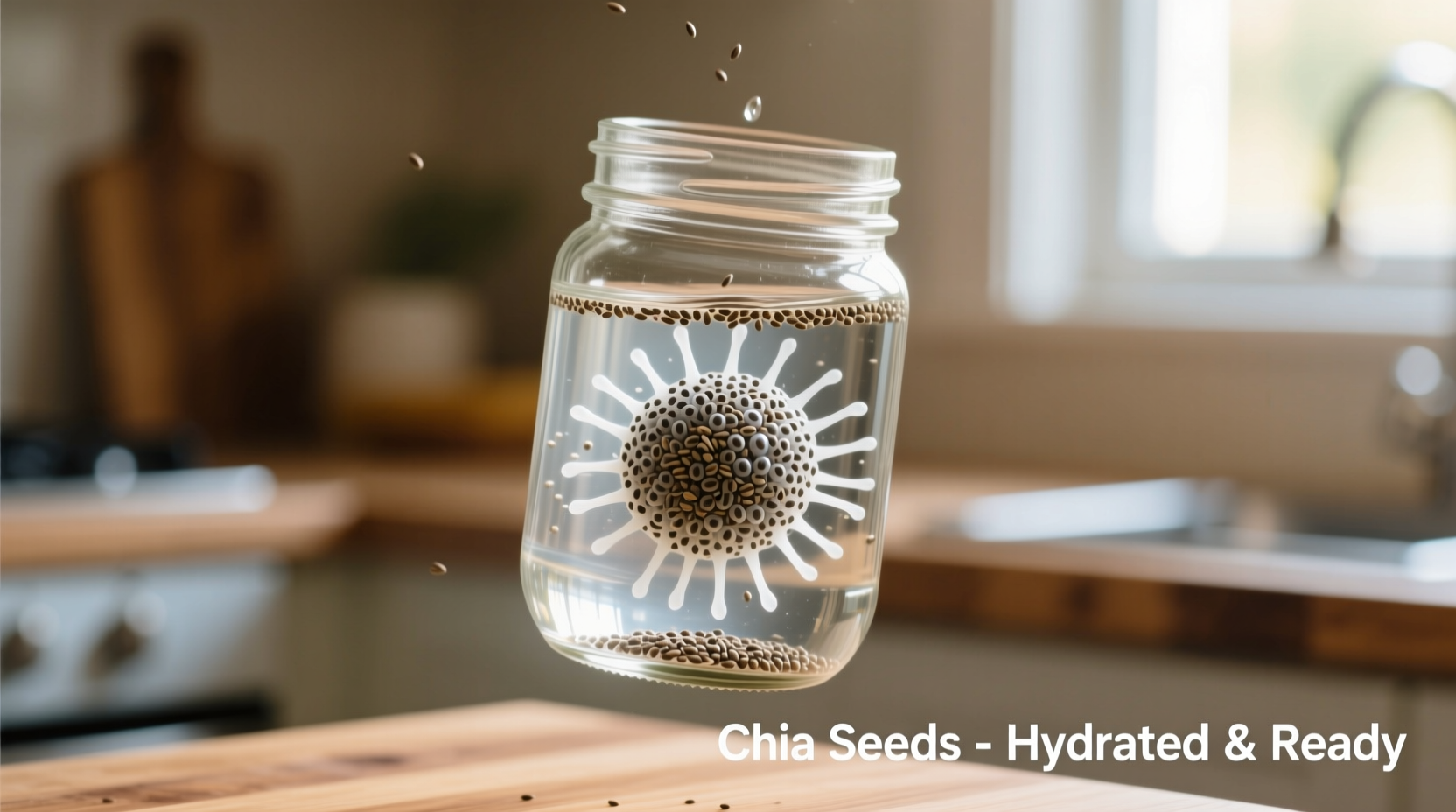 Chia seeds in glass jar with water