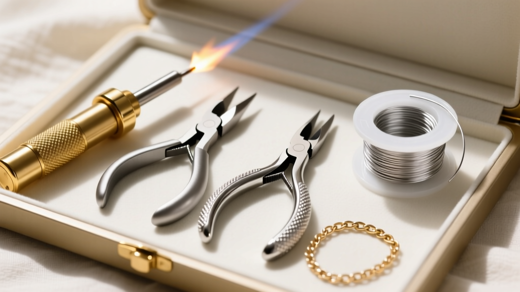 Flat lay of a jewelry repair kit featuring a micro-torch, flush cutters, two pairs of chain-nose pliers, and silver solder wire.