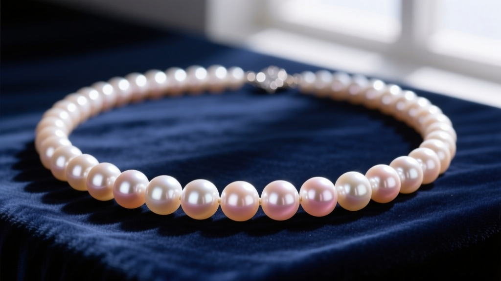 Close-up of an 18-inch AAA Akoya cultured pearl necklace on navy velvet, highlighting sharp luster and subtle rose overtones.