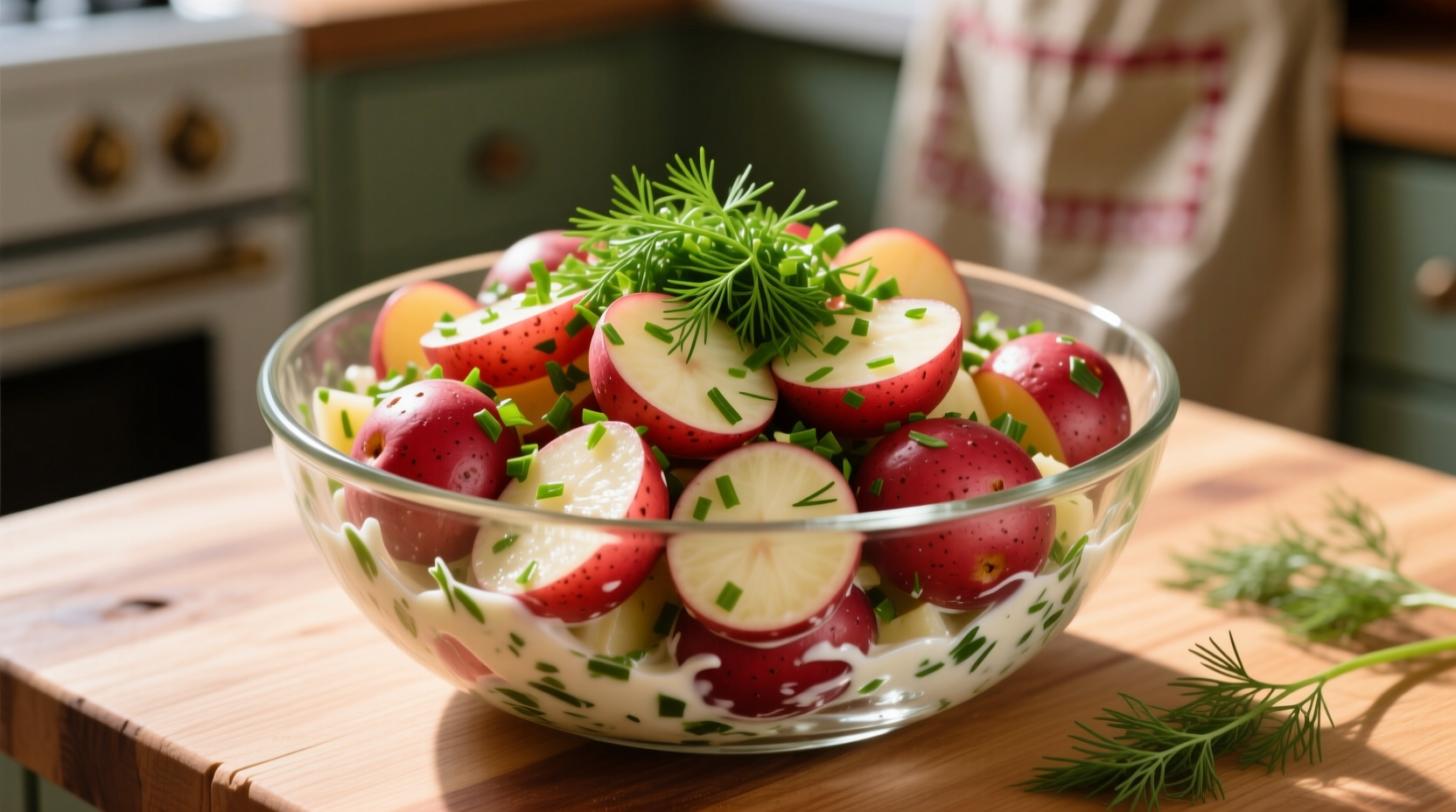 Colorful red potato salad in glass bowl with fresh dill