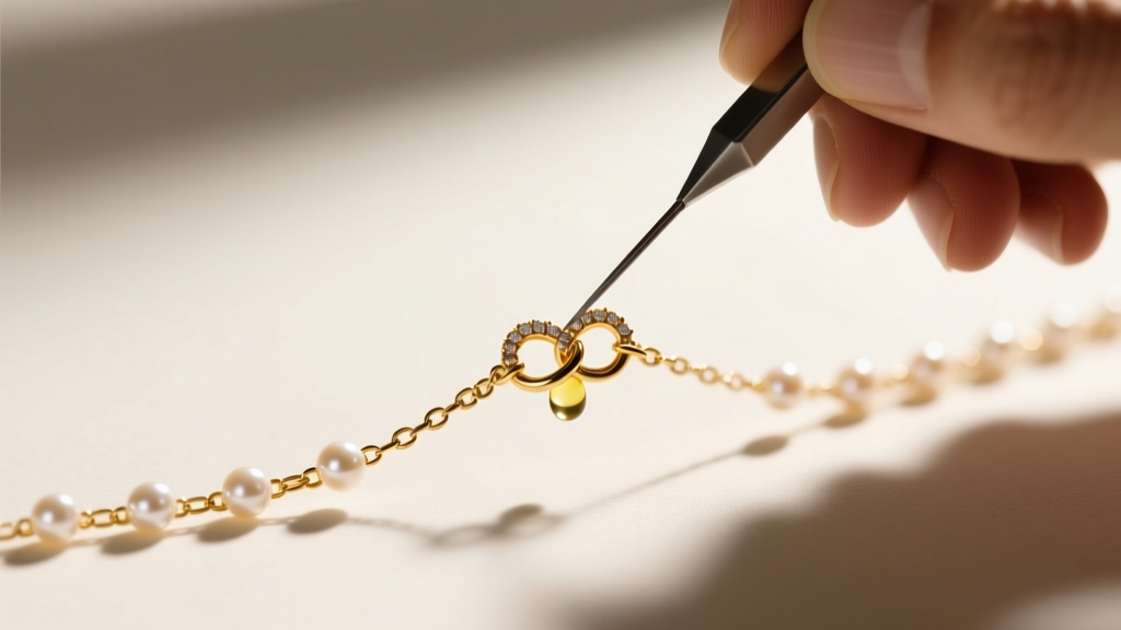 Jeweler using a fine needle and mineral oil to untangle a micro-knot on a gold chain interspersed with small seed pearls.