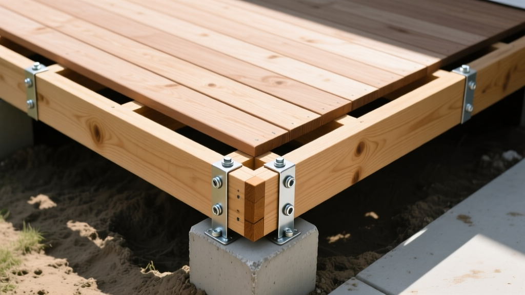 Top-down view of a partially framed 10x12 wooden deck with pressure-treated lumber joists, galvanized hardware, and concrete footings visible