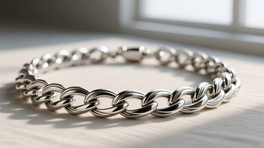 Macro photography of a thick Mexican Taxco .950 sterling silver chain necklace showing interlocking links and high polish