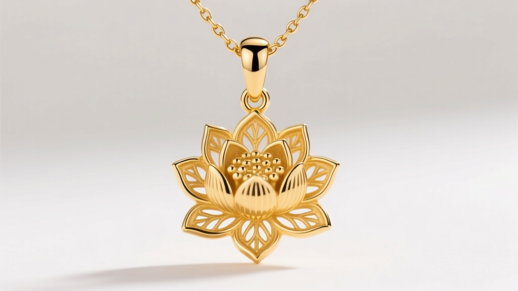 Macro shot of 14k yellow gold lotus pendant on a 0.9mm box chain, highlighting the secure lobster clasp and polished metal finish