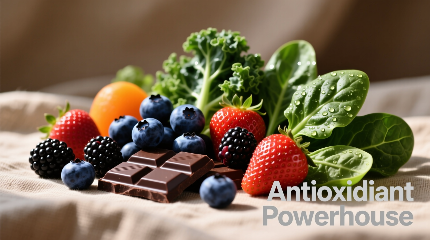Colorful assortment of antioxidant-rich foods including berries, dark chocolate, and leafy greens