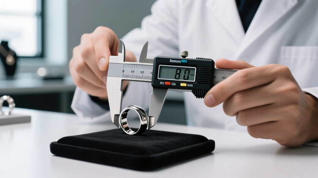 A jeweler using a digital caliper to measure the exact 8-millimeter width of a polished surgical steel men