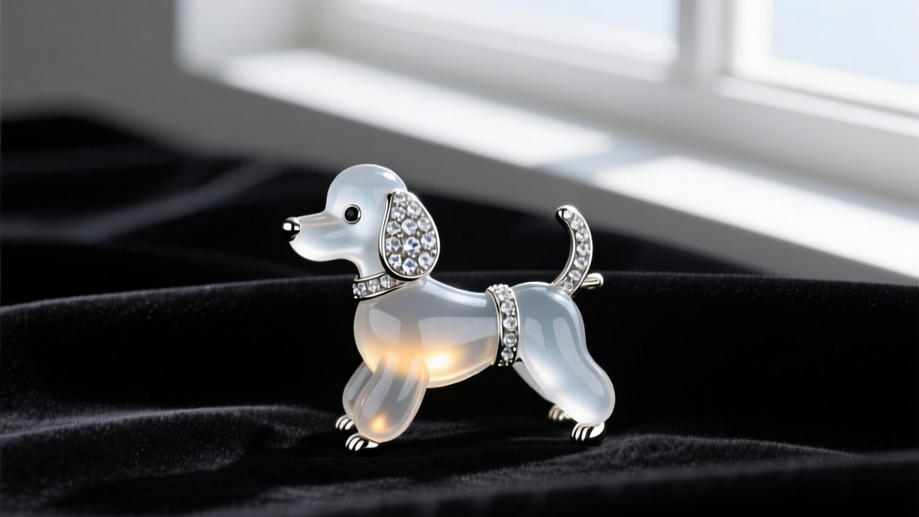 Vintage Trifari Jelly Belly sterling silver poodle brooch with translucent lucite belly and rhinestones resting on dark velvet.