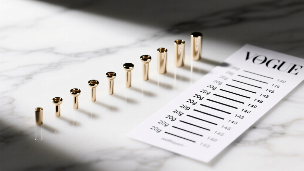 Flat lay of earring posts from 20g to 14g arranged next to a printed gauge size chart on a minimalist white marble background.