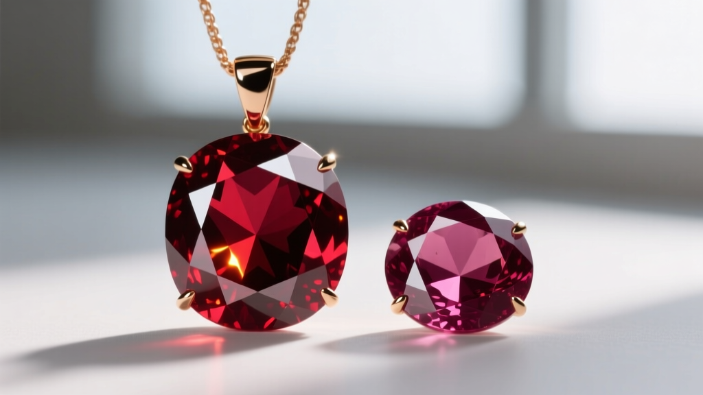 Macro shot of a ruby pendant beside a rhodolite garnet, showing differences in refractive index, color depth, and facet sparkle.